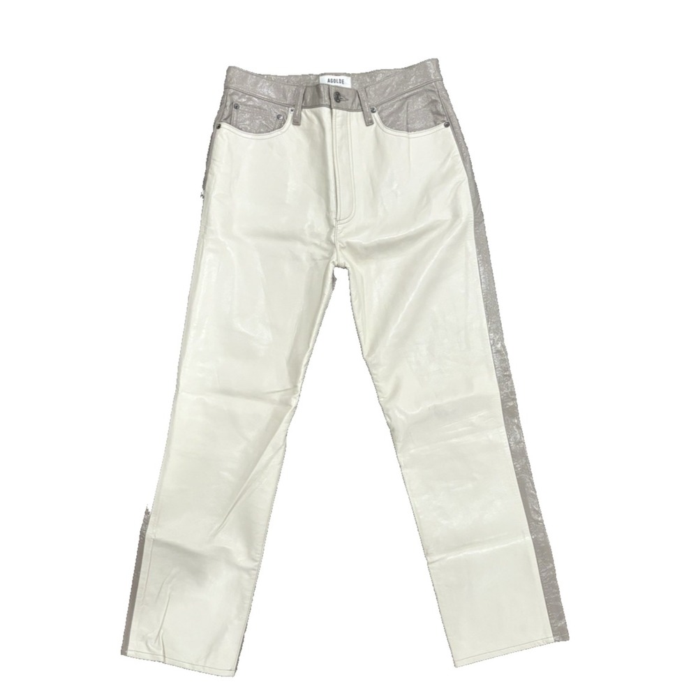 AGOLDE Womens Paneled 90s Pinch Waist Leather Pants Two Tone Cream Beige Size 29